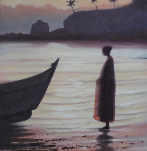 woman waiting by prow of boat on tropical beach at sunset